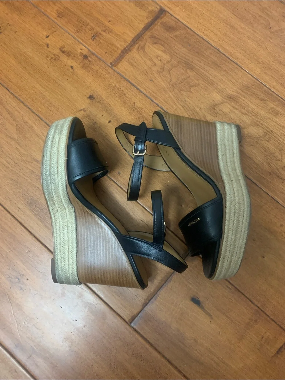 Coach Elda Mat Black Wedge Sandals with buckle strap Size 5.5